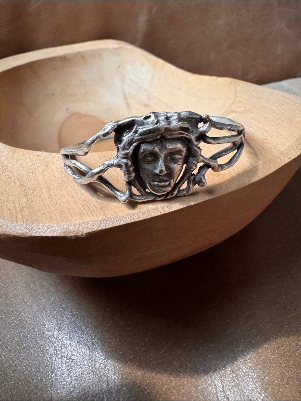 Medusa face brass cuff ID bracelet bangle boho silver layer
